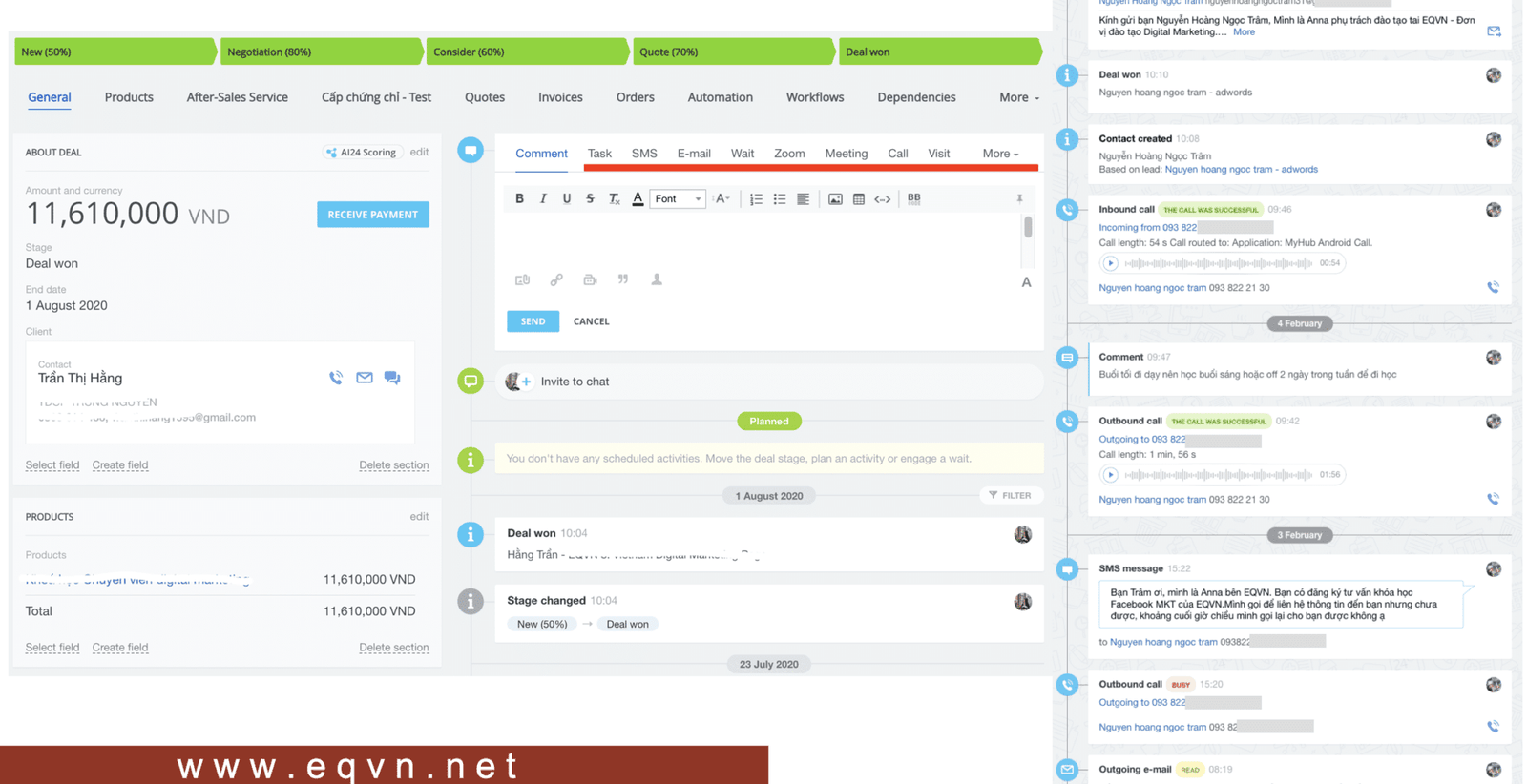 Màn hình CRM tương tác khách hàng của nhân viên 