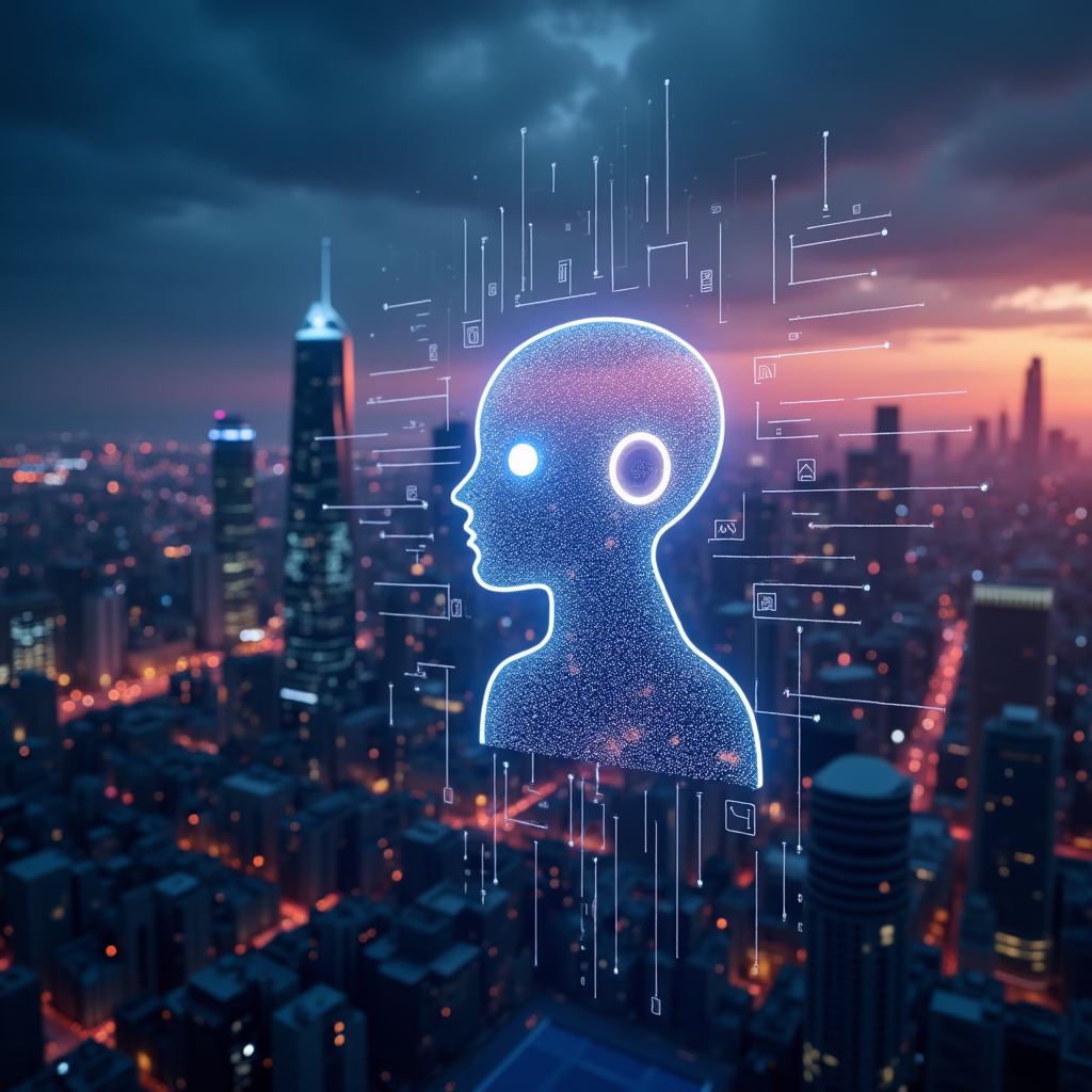 A futuristic cityscape with a glowing AI chatbot interface overlayed, symbolizing the integration of AI into everyday life.