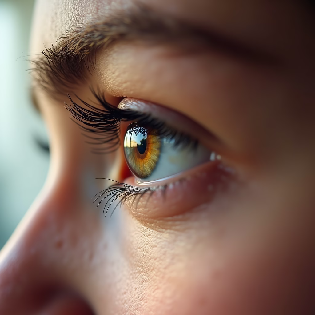 A close-up of a person's eye widening slightly, with faint, blurred images of healthy foods in the reflection, symbolizing the priming effect in marketing.