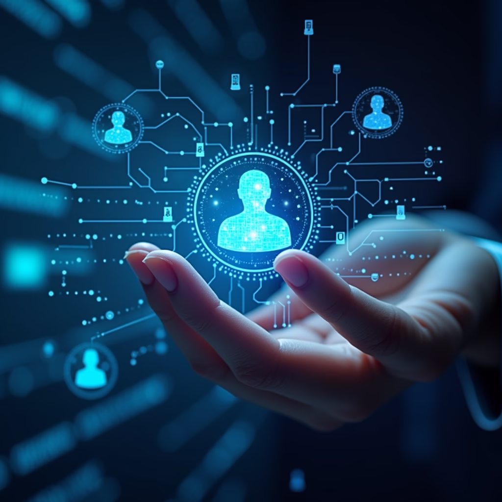 An abstract image representing AI analyzing customer data to personalize content, with digital elements and a focus on data streams converging to a single user profile.
