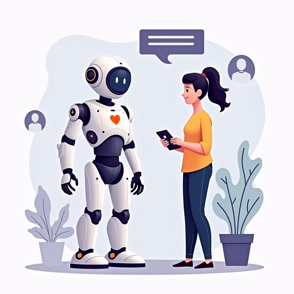 A friendly AI chatbot interacting with a customer, visualized with speech bubbles, customer service icons, and a warm, helpful interface.