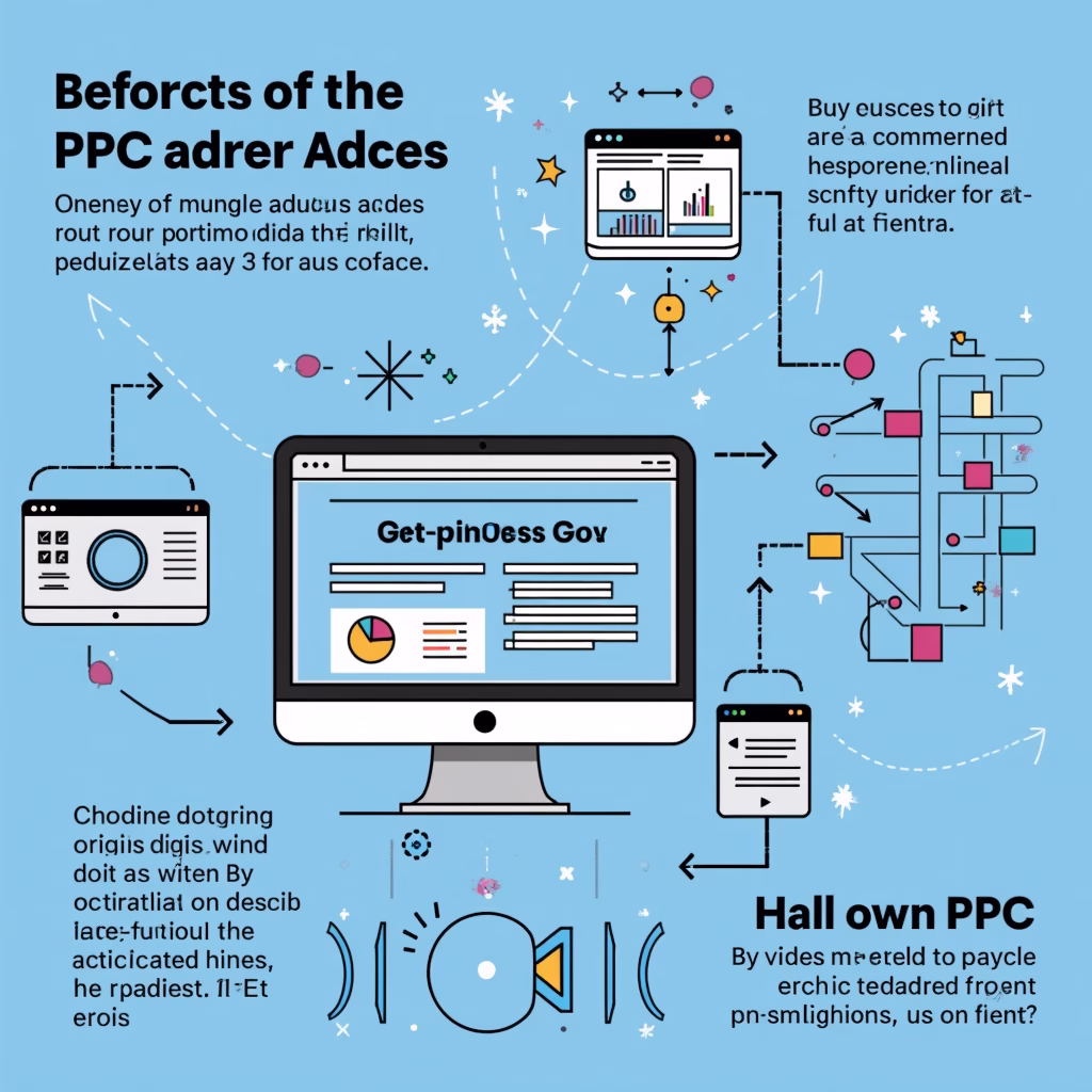 A dynamic graphic showing the optimization process of PPC ads by AI, including charts, graphs, and algorithmic representations.