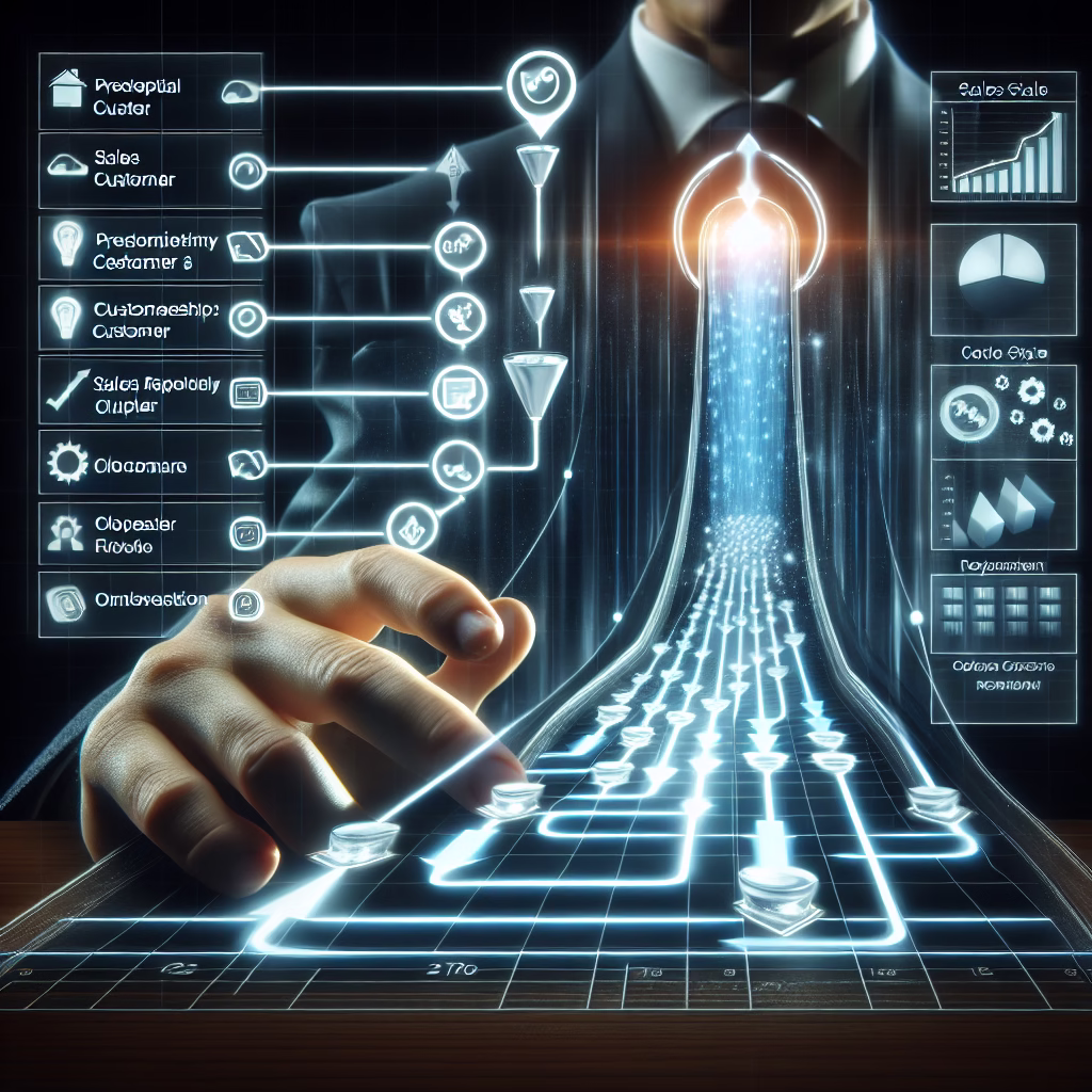A dynamic sales pipeline visualized through a CRM interface, showing leads progressing through various stages, with data points highlighting optimized sales processes and increased efficiency.