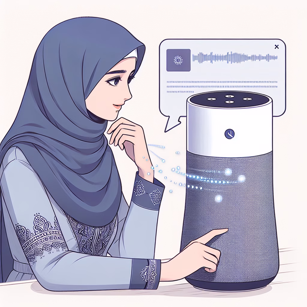 A person is asking a question to a smart speaker. The smart speaker displays a video on a screen showing relevant information. Focus on the interaction between the person and the device, highlighting the convenience and efficiency of voice search.