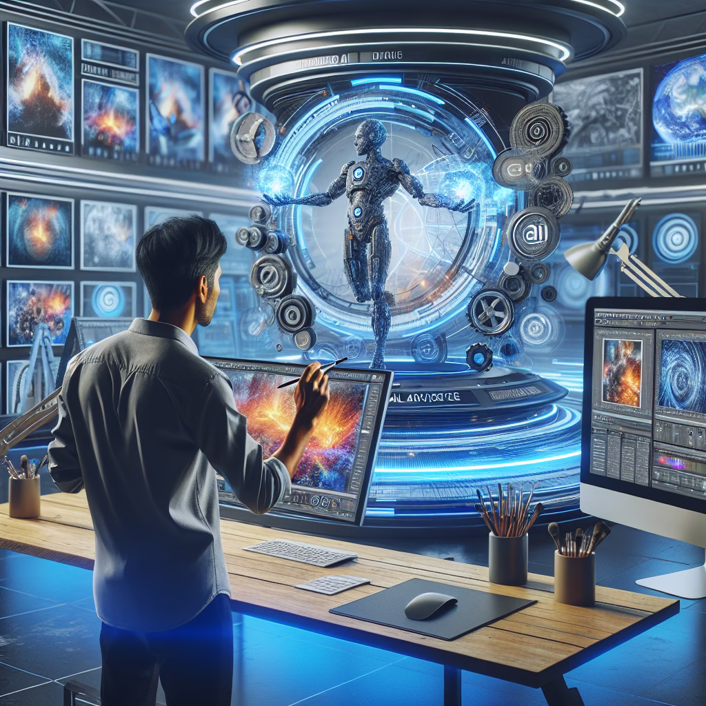 A futuristic digital artist studio with various AI tools for image creation displayed on multiple screens. The artist is interacting with the AI, generating marketing images in real-time.