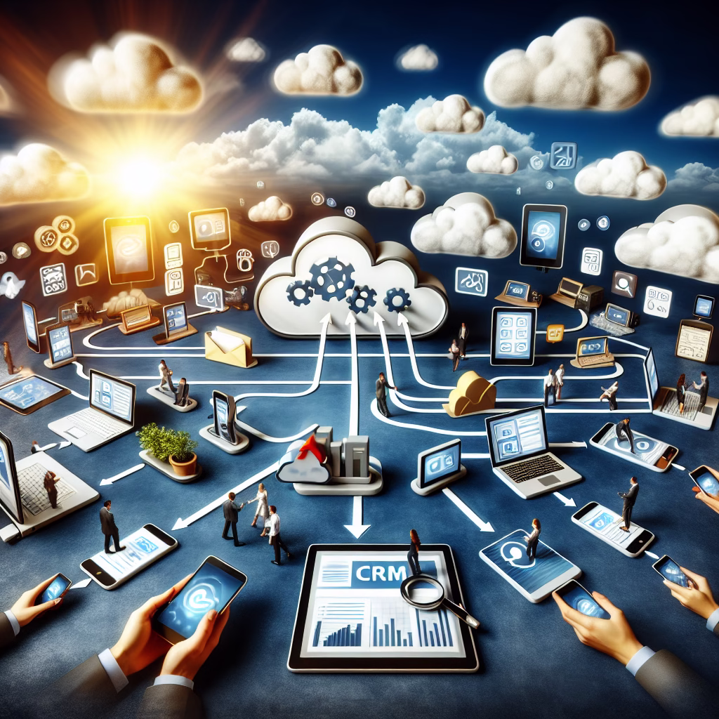 A visually engaging illustration of cloud-based CRM, depicting data flowing seamlessly between various devices and applications, emphasizing accessibility and integration.