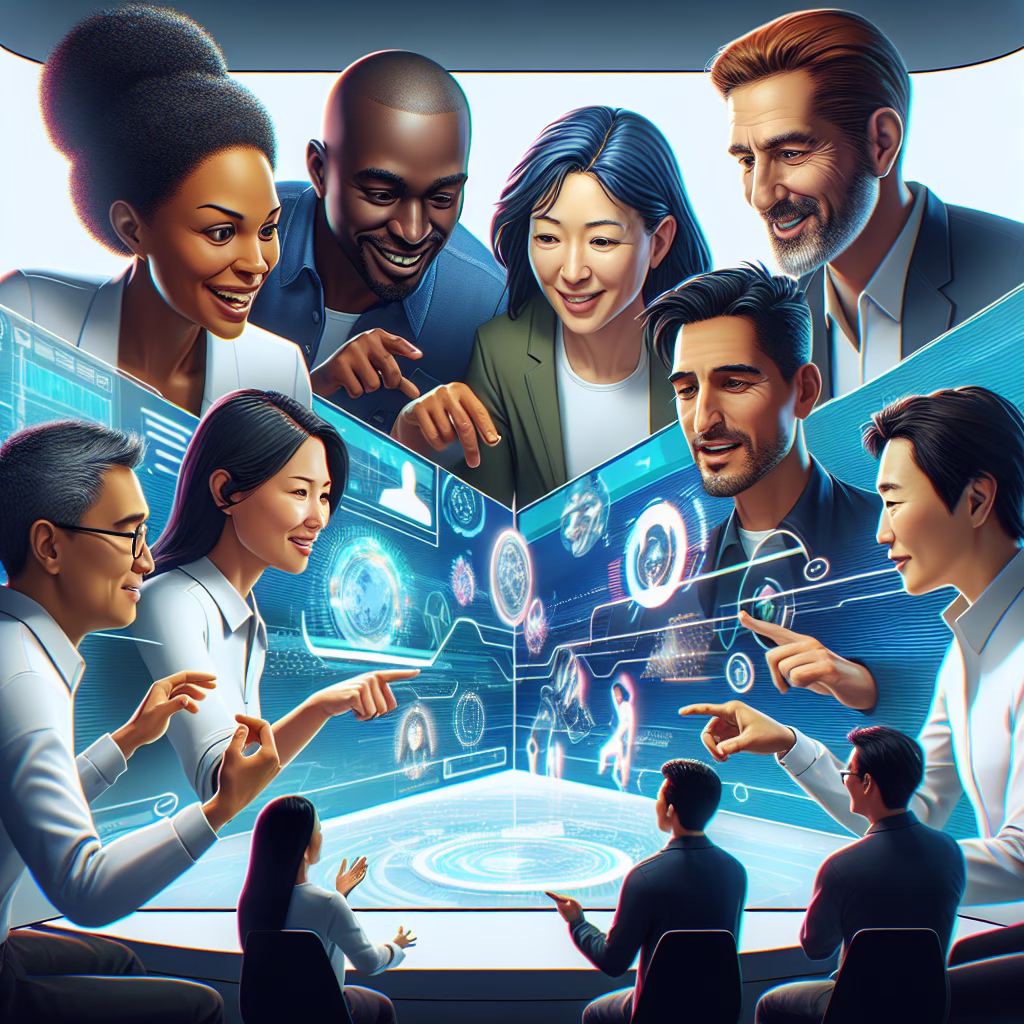 A diverse group of people interacting with interactive content on a screen, showcasing engagement and collaboration.