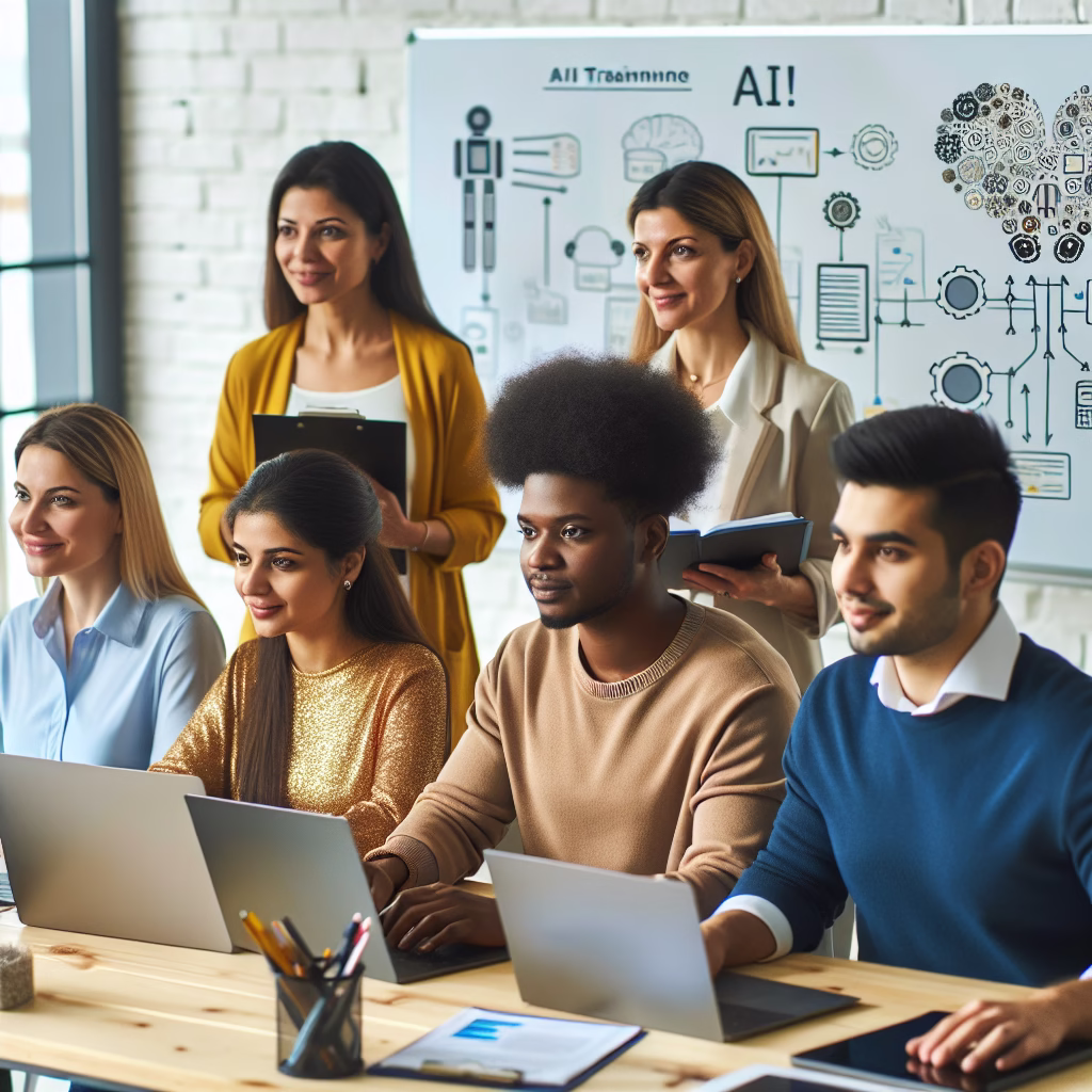 A diverse team of SME employees participating in an AI training session, focused on learning new software and techniques. The setting is a collaborative workspace with laptops, whiteboards, and a friendly instructor.