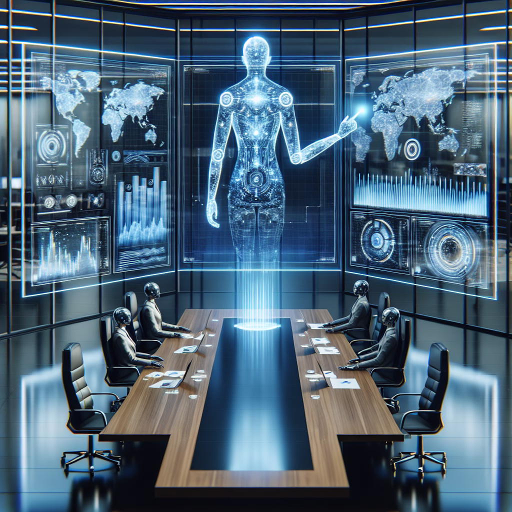 A digital representation of ChatGPT as a strategic advisor, depicted as a holographic figure in a boardroom, analyzing market trends and providing business insights on a large screen.
