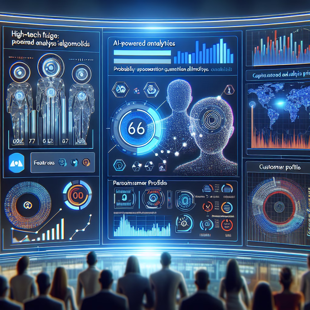 A futuristic marketing dashboard with AI-powered analytics and personalized customer profiles.
