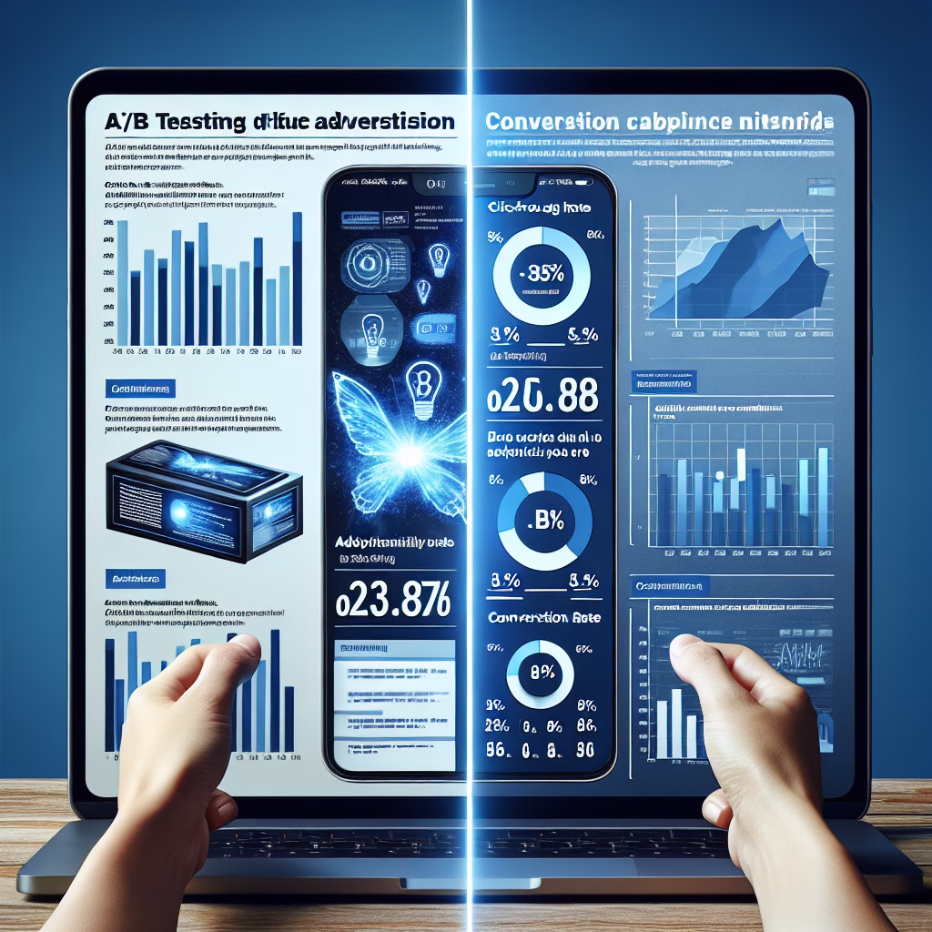 A split screen showing two versions of an ad (A/B testing), with data overlays showing the performance of each version (click-through rates, conversion rates).