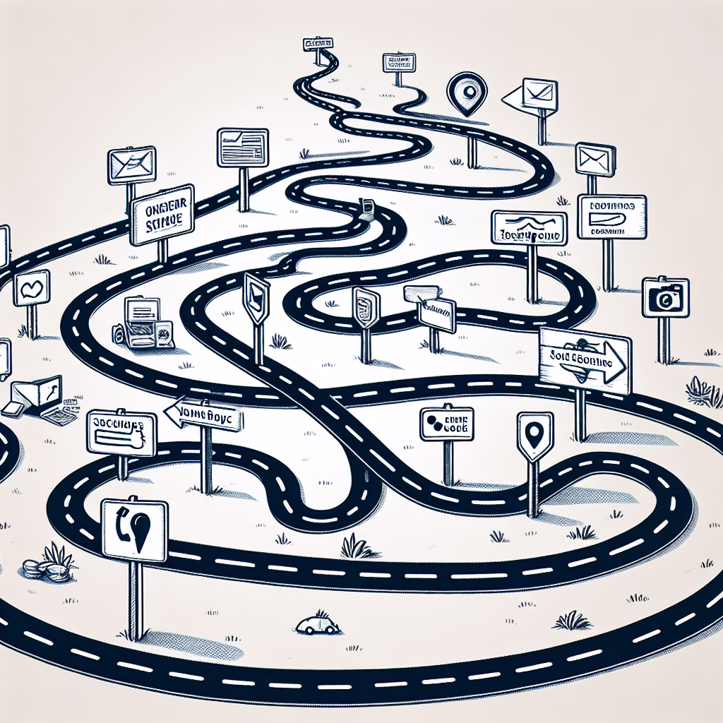 A customer journey map, visualized as a winding road with different touchpoints (ads, social media, email, website), highlighting the importance of tracking the entire journey.
