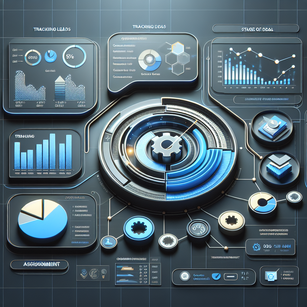 A dynamic dashboard illustrating automated sales processes in a CRM, highlighting lead tracking, deal stages, and task assignments with graphical representations.