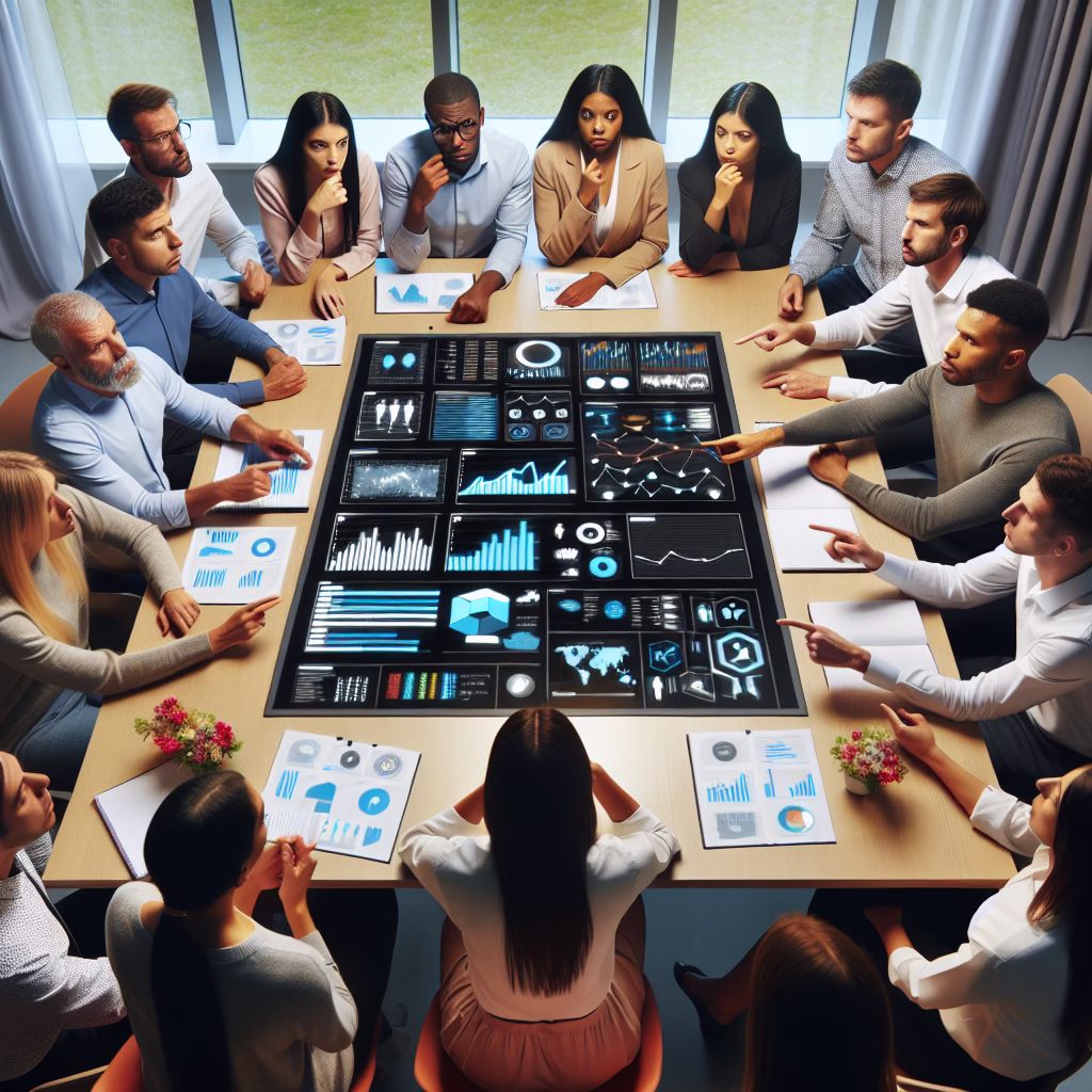 A digital marketing team having a meeting, overlooking a dashboard with various metrics and charts, some team members looking confused and pointing at the dashboard.