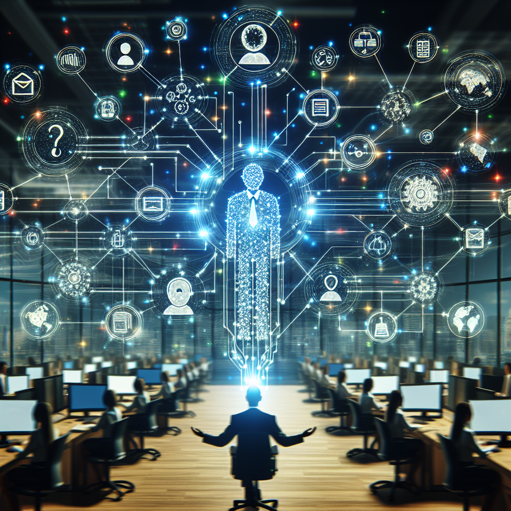 A visual representation of data flowing seamlessly between different departments of an SME, highlighting the integration of AI solutions. Use connecting lines and icons to represent data exchange and improved communication.