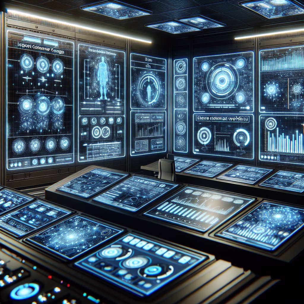 A futuristic marketing control room with holographic displays showing customer data, campaign metrics, and automated workflows, emphasizing efficiency and real-time analysis.