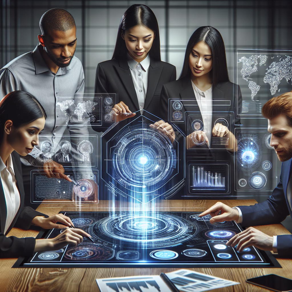 A diverse group of marketers collaborating around a holographic interface displaying customer data analysis powered by AI.