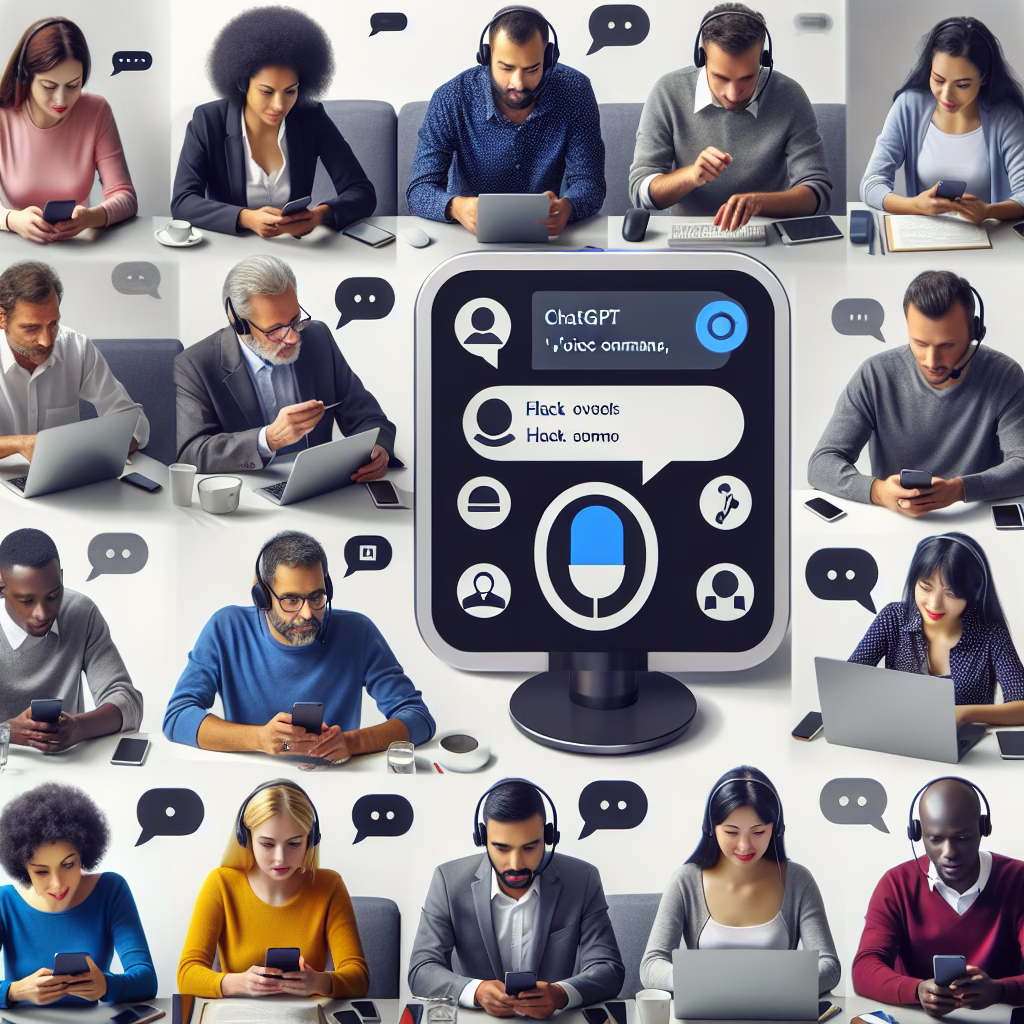 A diverse group of people interacting with ChatGPT through voice commands on various devices (smartphones, tablets, laptops), set against different backgrounds (office, home, outdoor), emphasizing ease of use and accessibility.