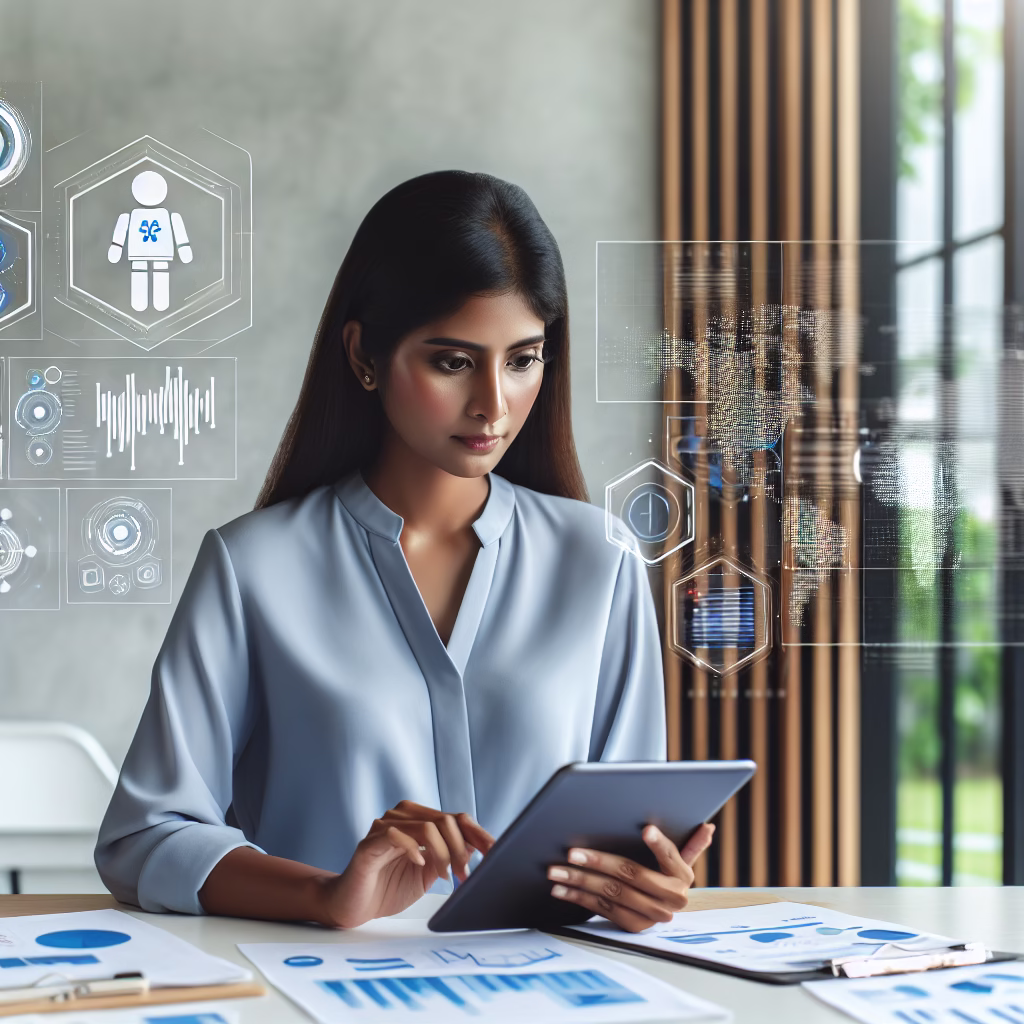A small business owner thoughtfully examining data on a tablet, surrounded by charts and graphs representing potential AI applications. The scene should be modern and bright, with a focus on the owner's analytical expression.