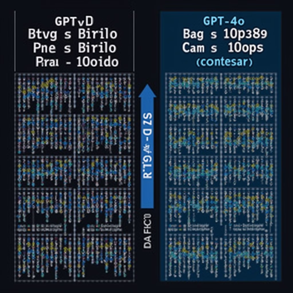 A split-screen showcasing the processing power of GPT-4o versus GPT-3.5 Turbo, with data streams and visual representations of complexity.
