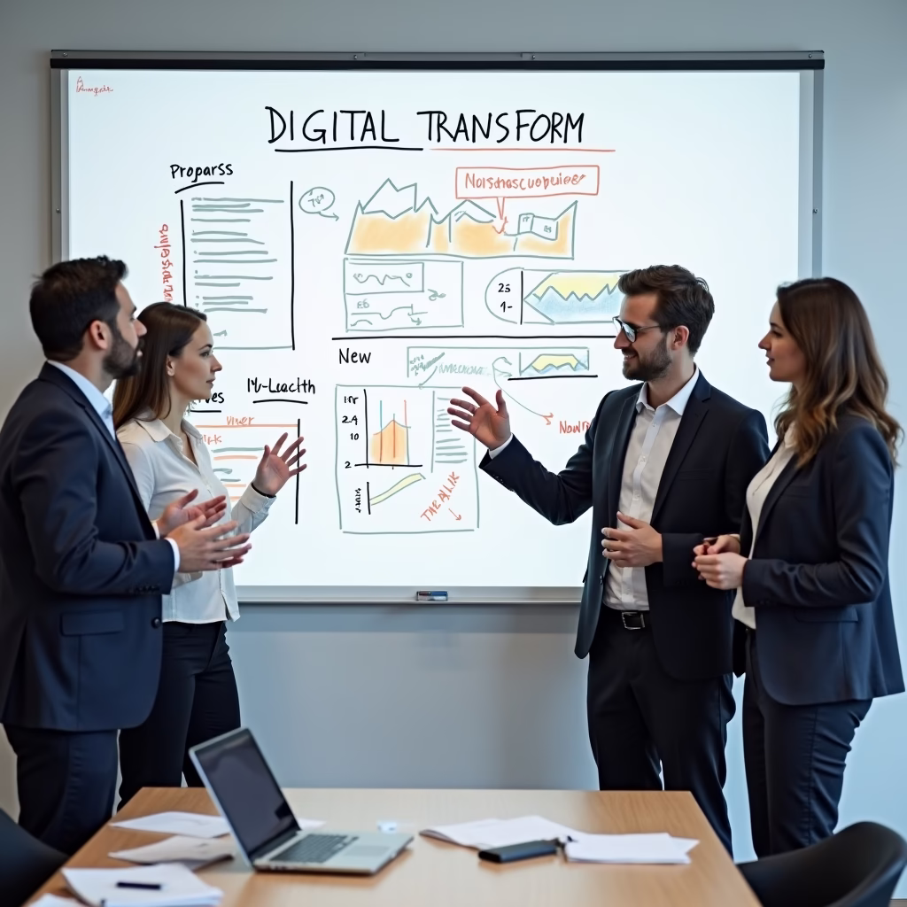 A business team discussing a digital transformation strategy on a whiteboard, with charts and diagrams illustrating the plan.
