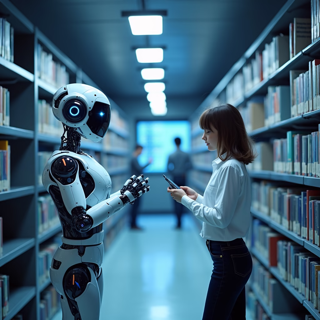 A futuristic university library with AI-powered robots assisting students with research, showcasing advanced data analysis and pattern identification.