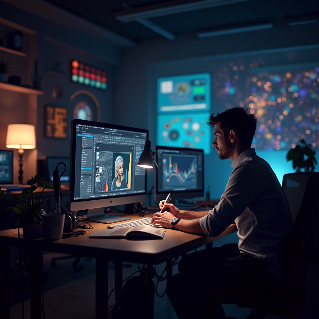 An image depicting Adobe Firefly being used by a professional artist in a high-tech studio. The scene emphasizes the tool's advanced capabilities and its integration into a professional creative workflow.