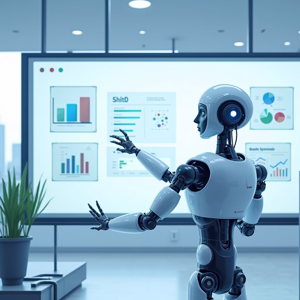 A digital illustration of an AI robot standing in front of a presentation screen, creating slides with various charts and images. The background shows a modern office environment.