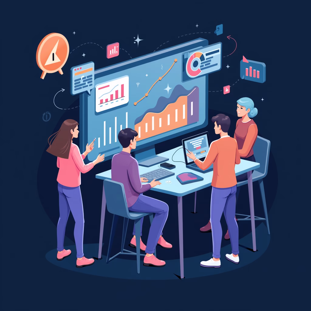A diverse team collaborating on an app design, utilizing AI-driven analytics to understand user behavior and preferences, displayed on interactive dashboards and visualizations.