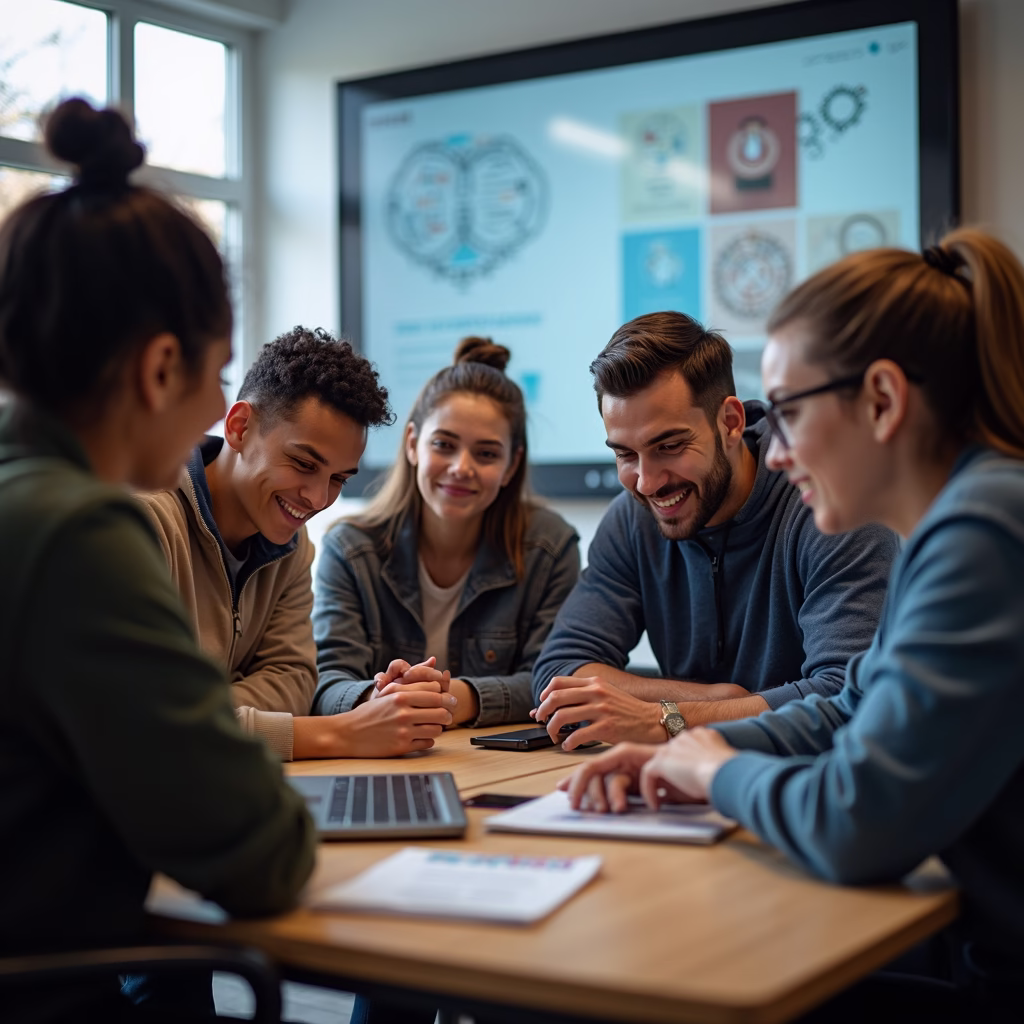 A diverse group of college students collaborating on a project using AI tools in a modern, brightly lit classroom, emphasizing engagement and personalization.