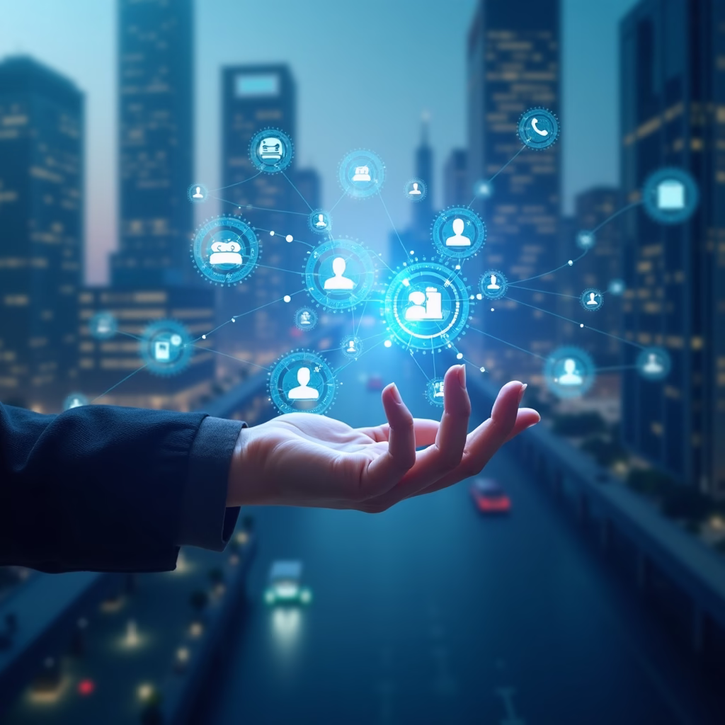 A futuristic cityscape with holographic app icons floating in the air, representing the integration of AI in app development, with a focus on efficiency and innovation.