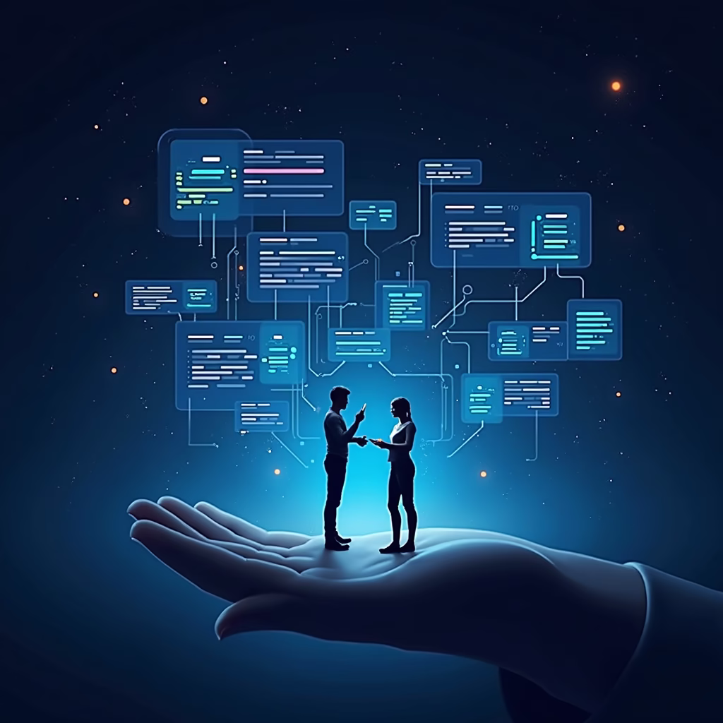 A futuristic art piece showcasing Dall-E 3's conversational interface, highlighting its ease of use and complex query handling. The art should blend the digital and artistic worlds, showing a user interacting with the AI.