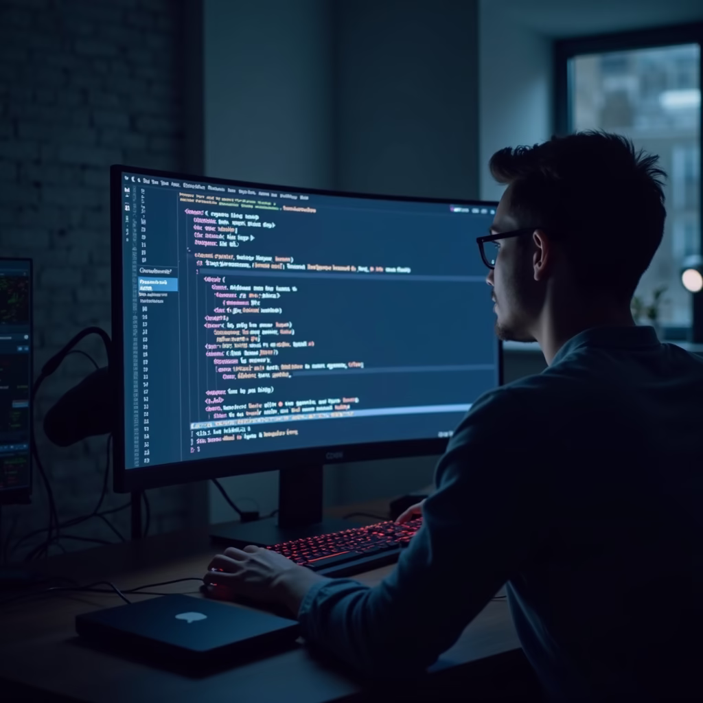 A developer using an AI-powered coding assistant on a large screen, showcasing real-time code suggestions, bug detection, and automated testing, in a modern office environment.