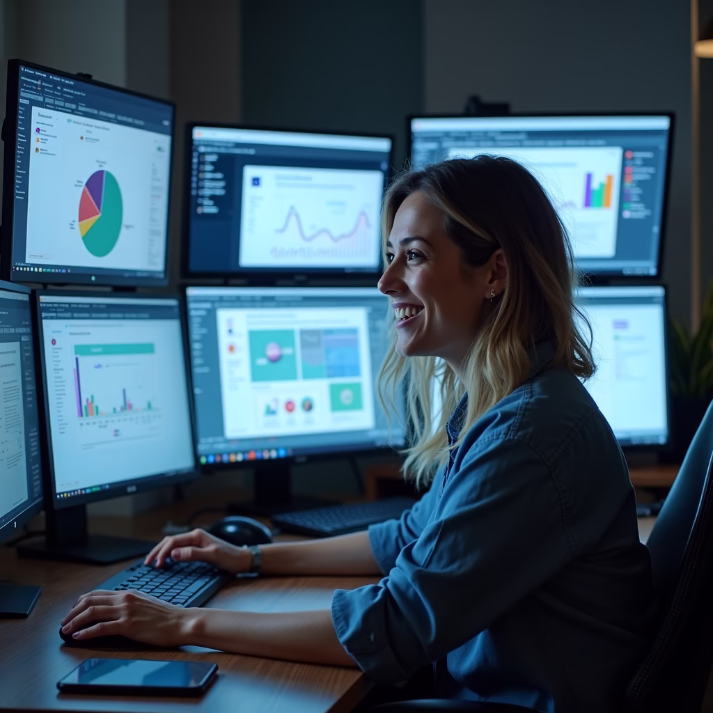 an office worker sitting at their desk, surrounded by multiple screens displaying different ai-powered applications, such as email management, project tracking, and content creation tools. the worker is smiling and appears focused and efficient.
