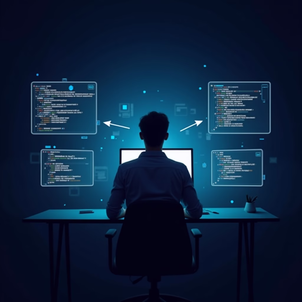 A futuristic software development environment with AI agents collaborating on coding tasks, holographic displays showing code and data visualizations.