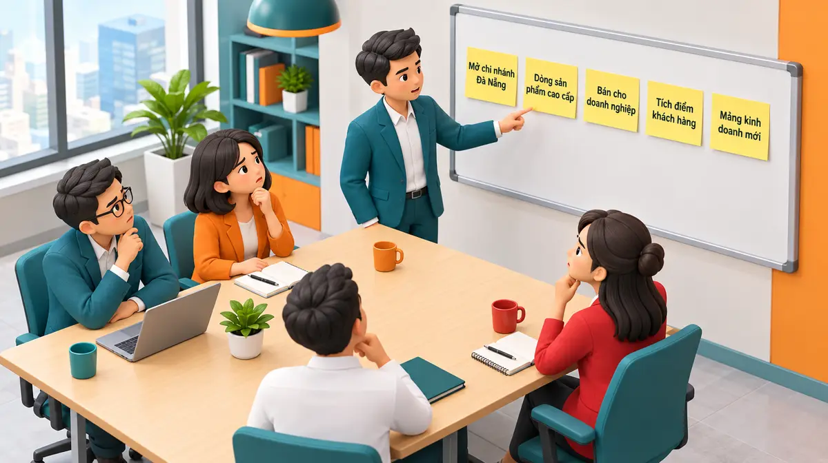 Ban lãnh đạo họp kế hoạch năm, trên bảng trắng dán năm giấy ghi ý tưởng tăng trưởng giống hệt nhau: mở chi nhánh Đà Nẵng, dòng sản phẩm cao cấp, bán cho doanh nghiệp, tích điểm khách hàng, mảng kinh doanh mới
