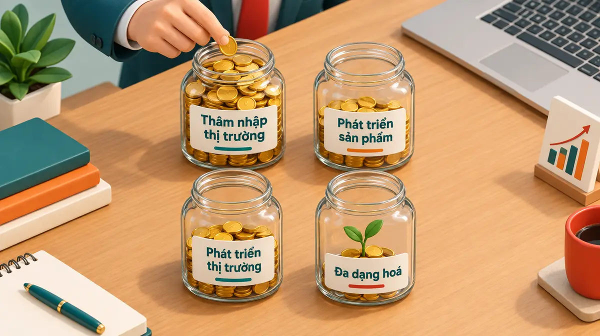 Bốn hũ thuỷ tinh xếp 2×2 có nhãn bốn chiến lược: hũ thâm nhập thị trường đầy xu nhất, hai hũ phát triển sản phẩm và phát triển thị trường khoảng một nửa, hũ đa dạng hoá chỉ vài đồng xu và một mầm cây