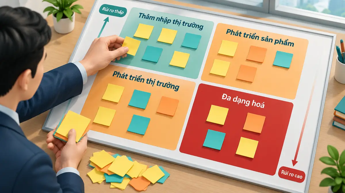 Tay người quản lý xếp giấy ghi ý tưởng vào bảng bốn ô: thâm nhập thị trường (xanh, rủi ro thấp), phát triển sản phẩm và phát triển thị trường (cam), đa dạng hoá (đỏ, rủi ro cao)