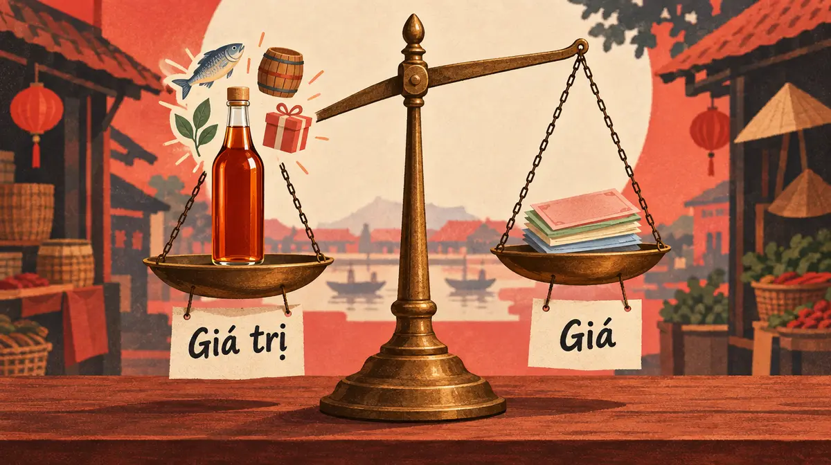 Cân đĩa bằng đồng trên quầy chợ: đĩa trái đặt chai nước mắm, phía trên là hình con cá, thùng gỗ, lá cây và hộp quà, có biển ghi Giá trị; đĩa phải đặt xấp tiền giấy, có biển ghi Giá; đĩa bên chai nước mắm hạ thấp hơn