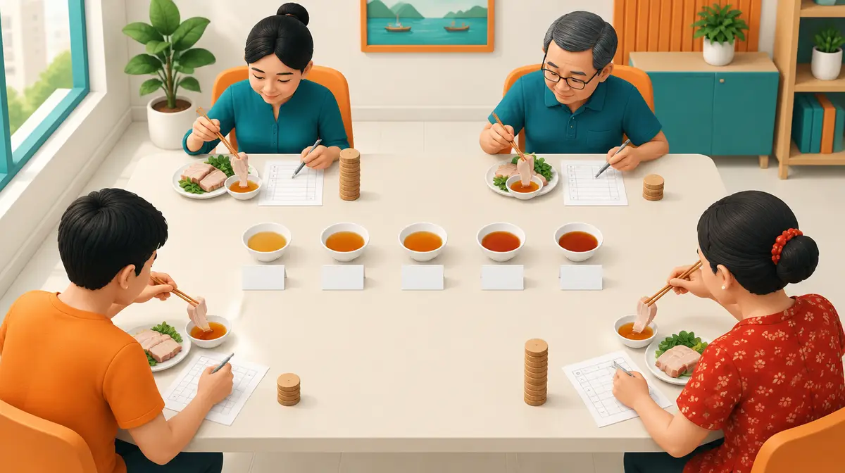 Minh hoạ isometric: bốn người Việt ngồi quanh bàn dài, chấm thịt luộc vào các chén nước mắm và điền phiếu chấm điểm; giữa bàn là năm chén nước mắm đặt trước năm thẻ trắng, cạnh phiếu là các chồng thẻ gỗ cao thấp khác nhau