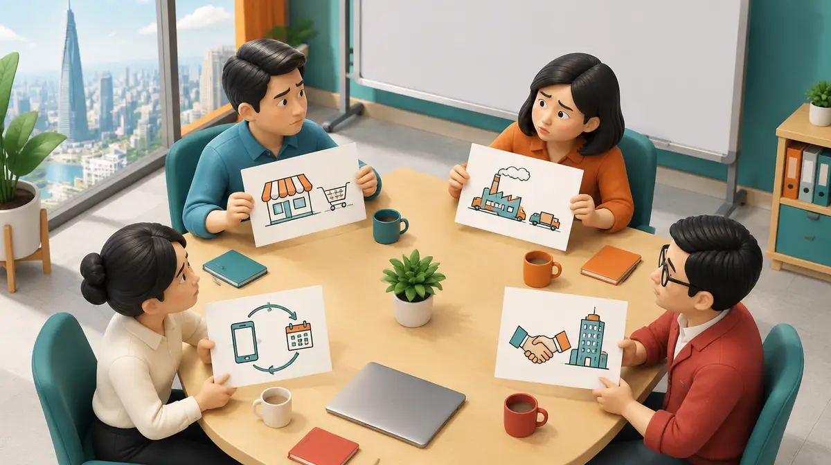 Bốn người quản lý Việt Nam ngồi quanh bàn họp, mỗi người giơ một tờ giấy vẽ cách kiếm tiền khác nhau: cửa hàng và xe đẩy, nhà máy và xe tải, điện thoại với vòng lặp thuê bao, cái bắt tay và toà nhà; bảng trắng phía sau còn trống
