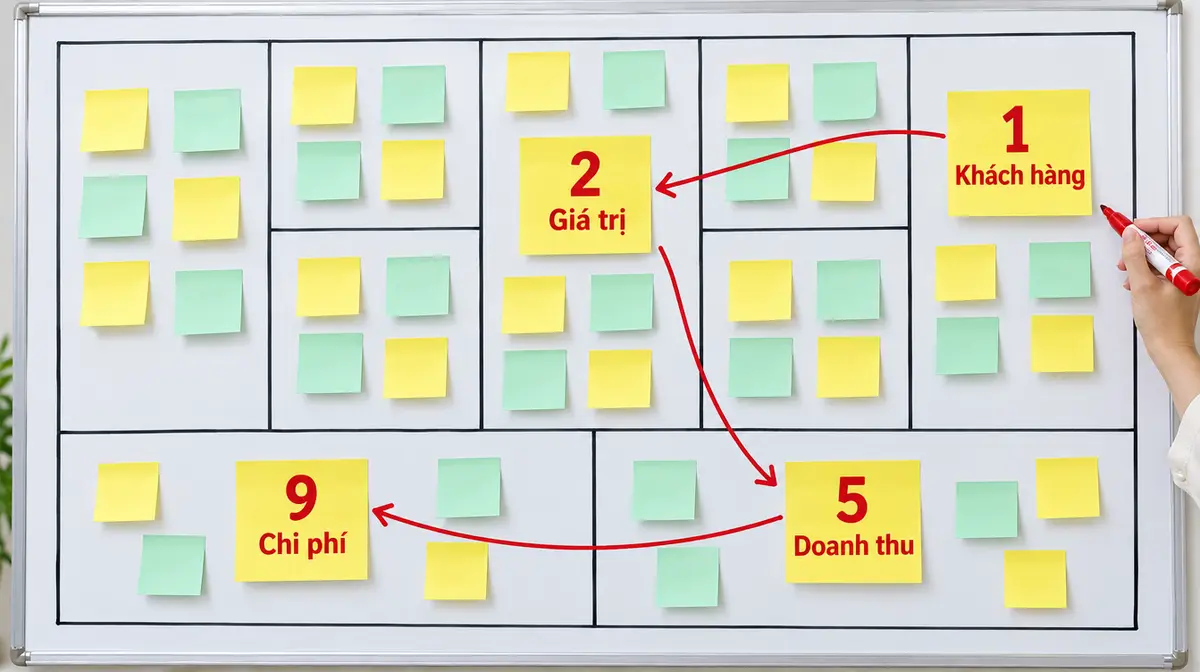 Bảng trắng kẻ bố cục Business Model Canvas phủ giấy ghi chú; bốn tờ giấy vàng lớn ghi số khối và nhãn: 1 Khách hàng ở cột ngoài cùng bên phải, 2 Giá trị ở cột giữa, 5 Doanh thu ở ô rộng dưới bên phải, 9 Chi phí ở ô rộng dưới bên trái; mũi tên đỏ nối 1, 2, 5 rồi 9