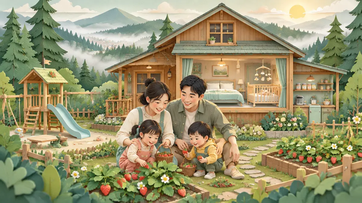 Tranh minh hoạ màu nước: gia đình trẻ người Việt với hai con nhỏ hái dâu trong vườn trước căn nhà gỗ giữa đồi thông Đà Lạt; bên trái là sân chơi có cầu trượt, trong nhà nhìn thấy giường lớn cạnh nôi em bé và kệ bếp có các lọ đồ ăn dặm