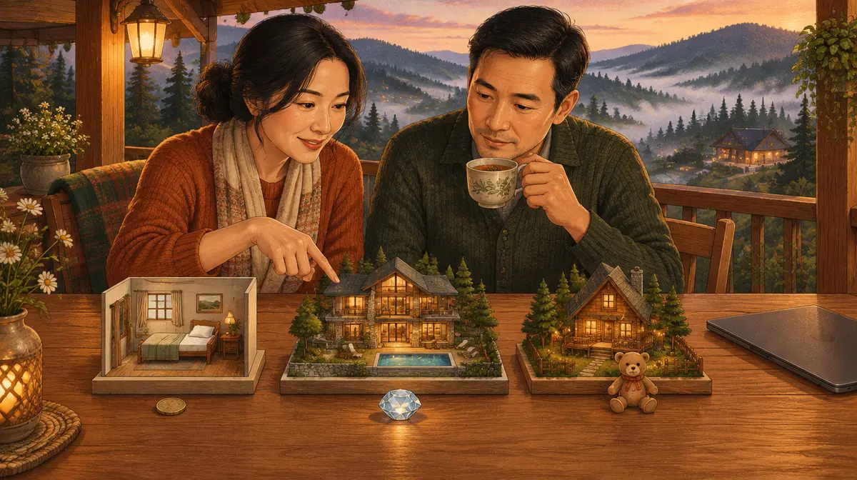 Cặp vợ chồng trung niên người Việt ngồi ở hiên nhà gỗ nhìn ra đồi thông Đà Lạt lúc chiều muộn; trên bàn có ba mô hình: một phòng ngủ đơn giản cạnh đồng xu, một biệt thự có hồ bơi cạnh viên đá quý, một căn nhà gỗ nhỏ cạnh chú gấu bông; người vợ chỉ tay vào biệt thự, người chồng cầm tách trà suy nghĩ