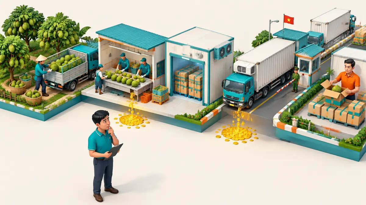 Dây chuyền sầu riêng vẽ theo lối isometric, từ trái sang phải: nông dân chất trái lên xe ở vườn, công nhân phân loại trái trên bàn, kho mát xếp thùng, xe container lạnh chờ ở trạm kiểm soát, người mua mở thùng hàng; xu vàng rỉ xuống thành vũng dưới bàn phân loại và dưới xe container, người đàn ông mặc áo thun xanh ngọc cầm bìa kẹp hồ sơ đứng phía trước, tay chống cằm nhìn