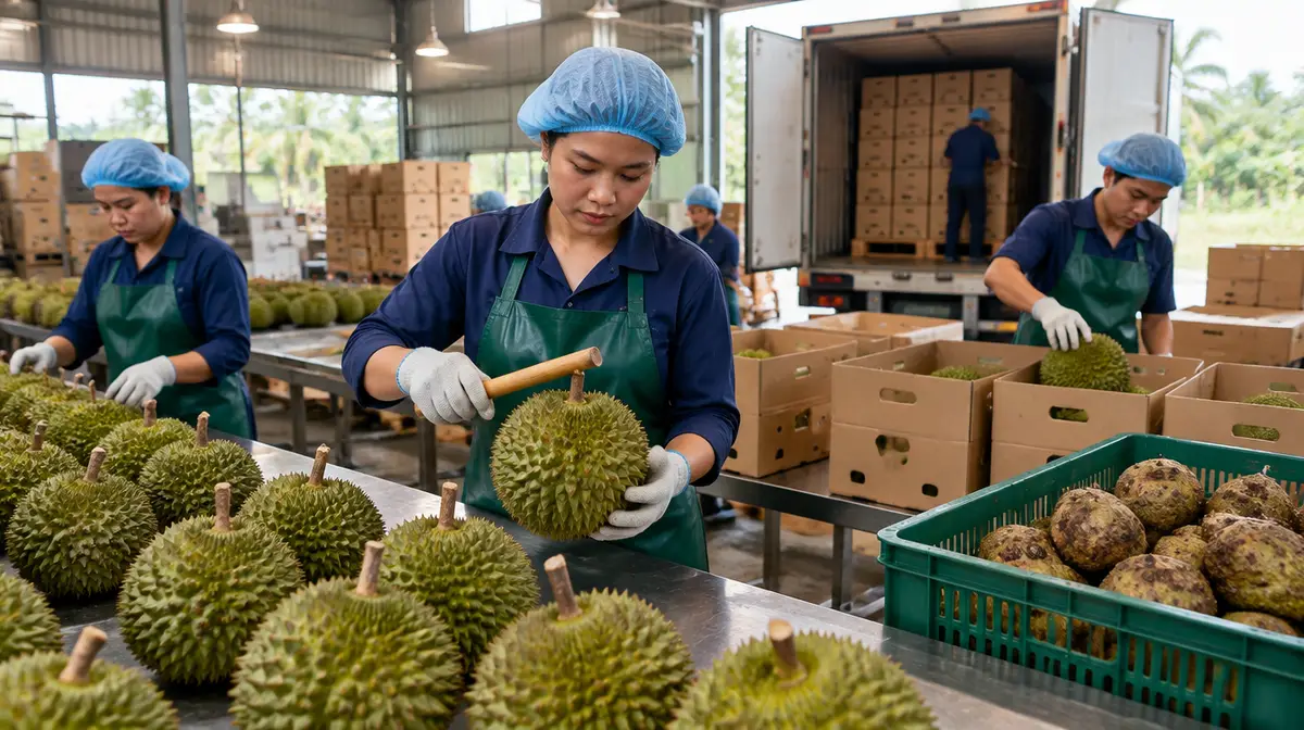 Bên trong xưởng đóng gói, công nhân đội mũ trùm tóc xanh, mặc áo xanh đậm, đeo tạp dề xanh lá và găng tay phân loại sầu riêng trên bàn inox; người đứng giữa gõ trái bằng dùi gỗ, người bên phải xếp trái vào thùng carton; góc phải là sọt nhựa xanh lá chứa trái bị loại vỏ nâu sần, phía sau một công nhân xếp thùng carton vào thùng xe tải lạnh