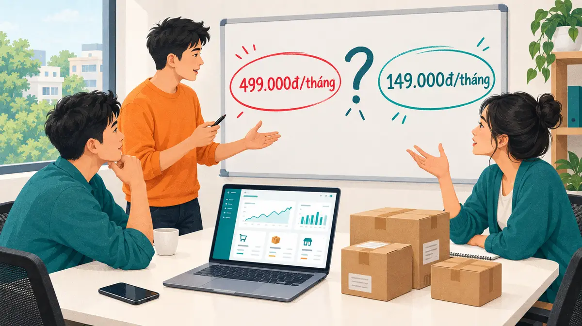 Ba nhà sáng lập trẻ người Việt tranh luận bên bảng trắng, một người đứng cầm bút, hai người ngồi; trên bảng khoanh hai mức giá: 499.000đ/tháng màu đỏ bên trái, 149.000đ/tháng màu xanh ngọc bên phải, ở giữa là dấu chấm hỏi; trên bàn có laptop mở phần mềm quản lý bán hàng và mấy thùng hàng
