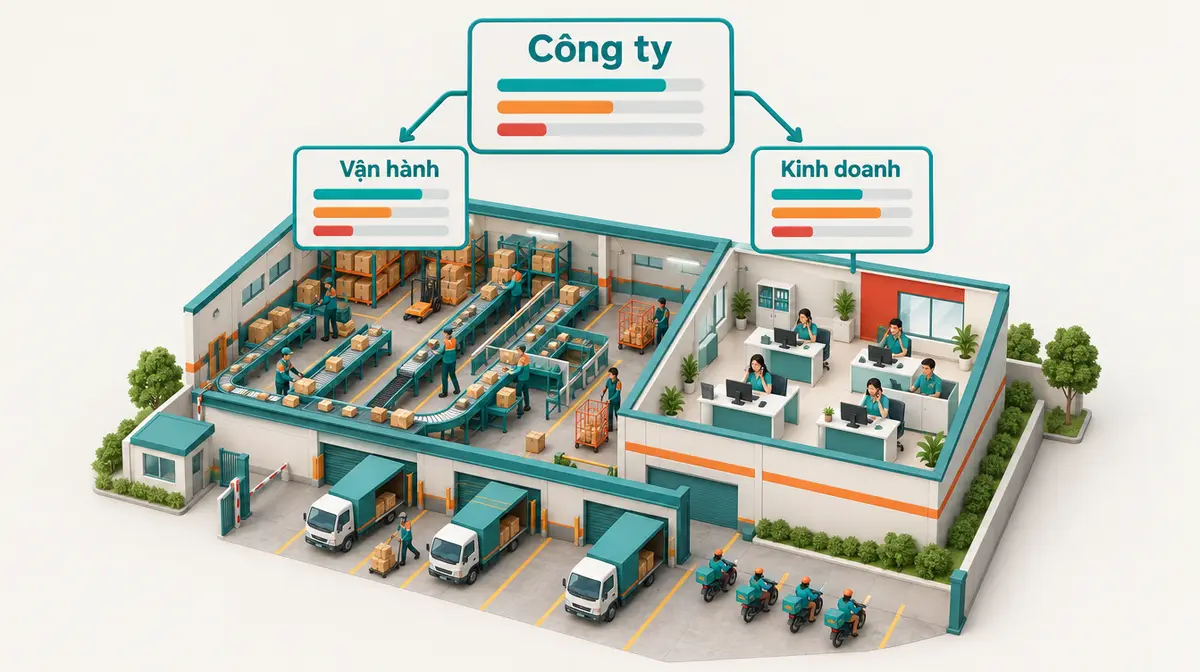 Minh hoạ isometric một kho giao nhận: bên trái nhân viên phân loại thùng hàng trên băng chuyền, bên phải nhân viên văn phòng nghe điện thoại, phía trước xe tải và xe máy giao hàng ở bến bốc hàng; phía trên là bảng lớn ghi Công ty có ba thanh tiến độ, hai mũi tên dẫn xuống hai bảng nhỏ ghi Vận hành và Kinh doanh, mỗi bảng cũng có ba thanh tiến độ đầy ở các mức khác nhau
