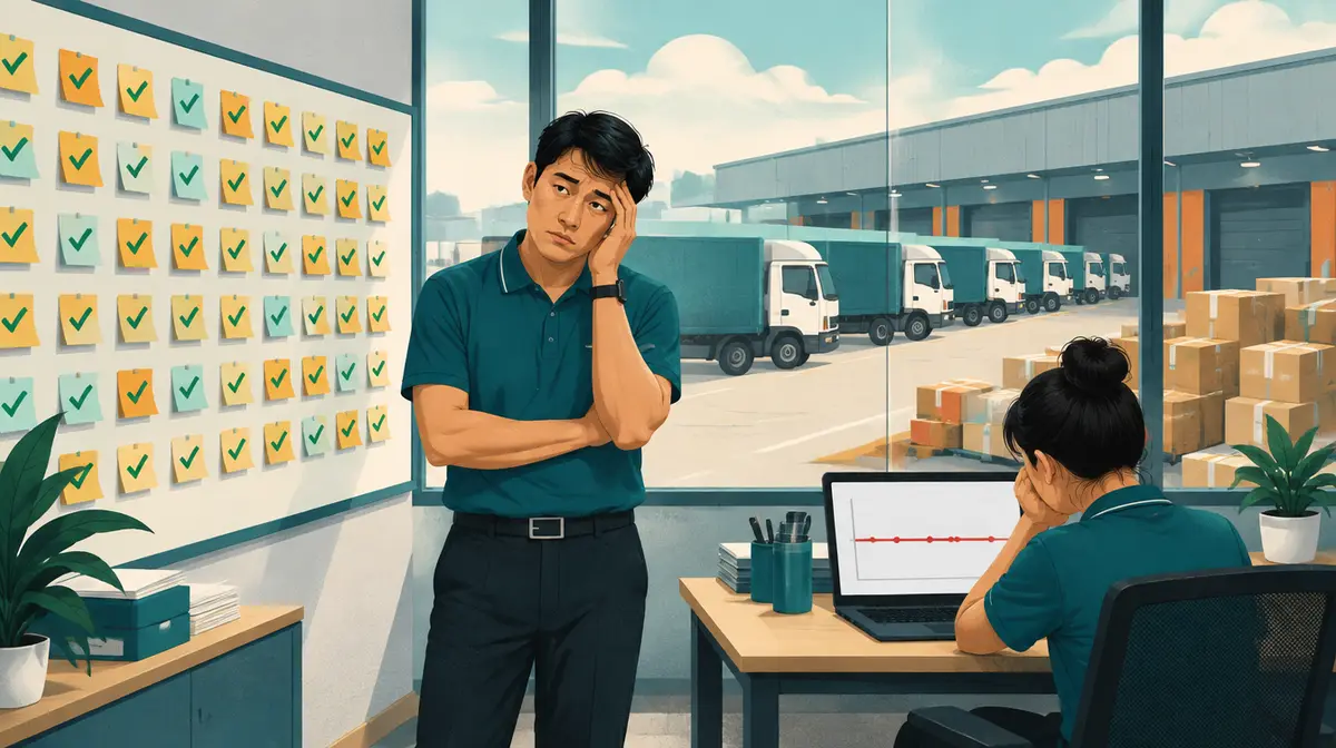 Minh hoạ phong cách báo chí: người quản lý mặc áo polo xanh đứng trước bức tường dán kín giấy ghi chú đều có dấu tích xanh, tay ôm đầu; bên cạnh một nhân viên nữ gục bên máy tính có biểu đồ đường nằm ngang; ngoài cửa kính là hàng xe tải đứng chờ ở bến bốc hàng và chồng thùng hàng