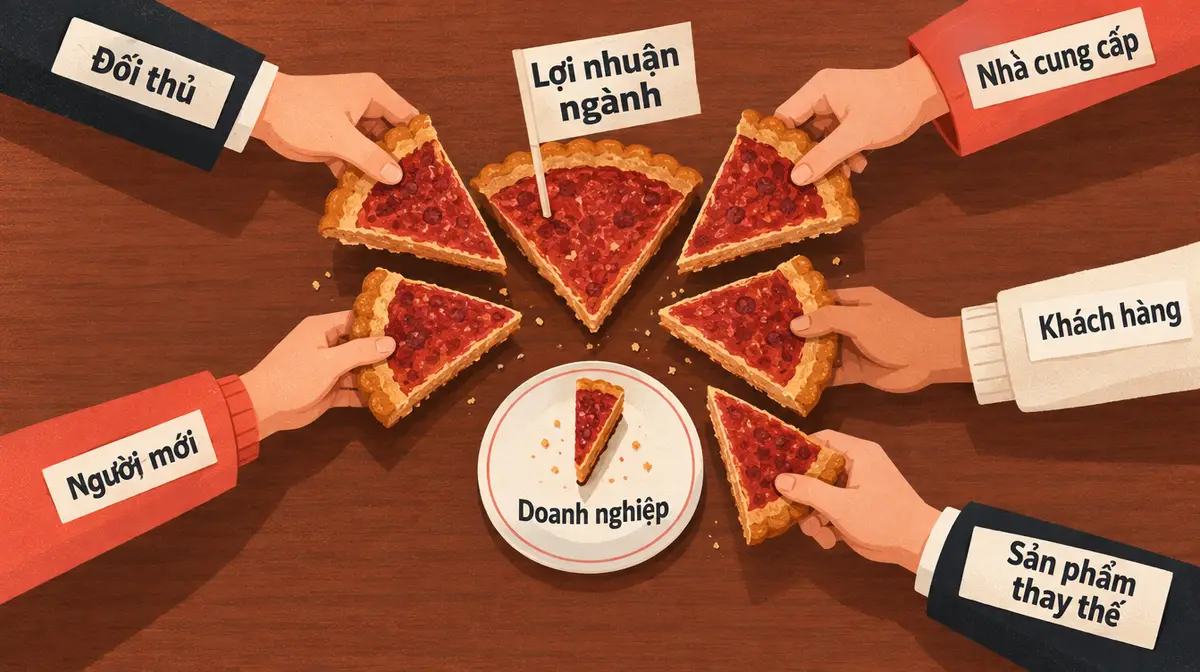 Chiếc bánh cắm cờ ghi Lợi nhuận ngành trên bàn gỗ, năm bàn tay gắn nhãn Đối thủ, Nhà cung cấp, Khách hàng, Người mới, Sản phẩm thay thế mỗi tay lấy đi một miếng; miếng nhỏ nhất còn lại trên đĩa ghi Doanh nghiệp